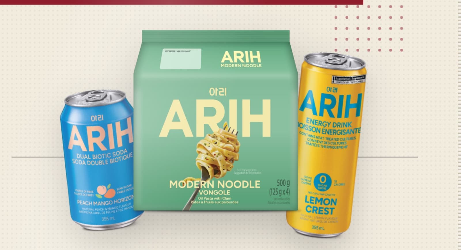 토론토 한인축제에 선보인 ARIH 라인업 — Peach Mango Horizon 소다, Modern Noodle Vongole, Lemon Crest 에너지 음료