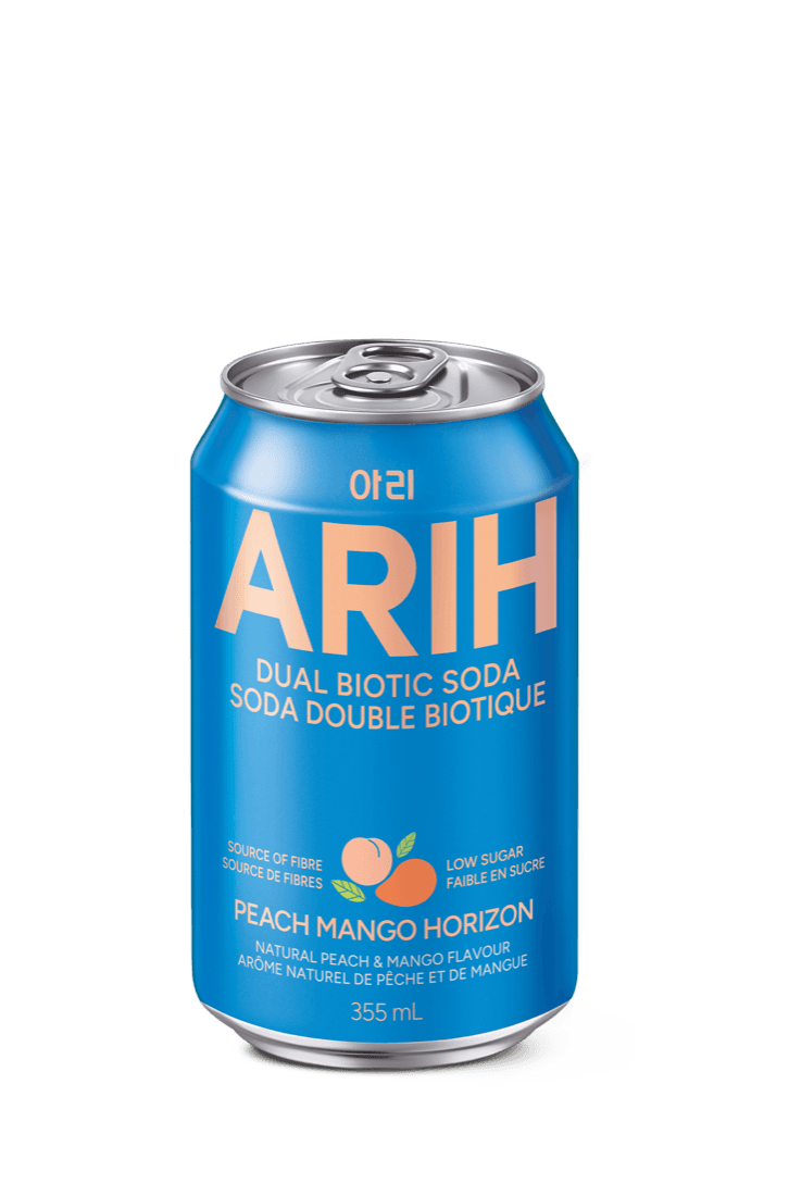 영어·프랑스어 표기 ARIH Peach Mango Horizon 듀얼 바이오틱 소다 355mL 캔