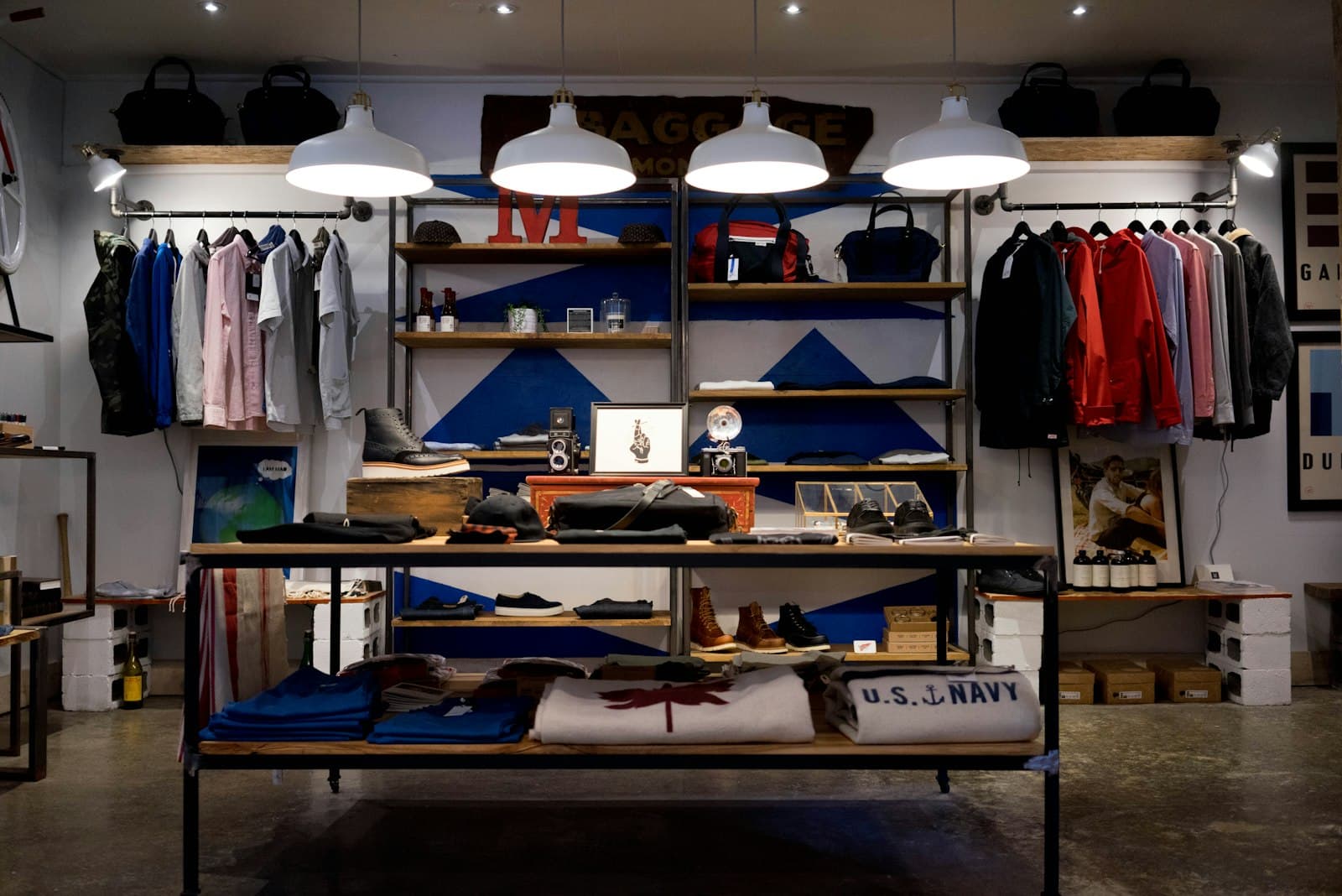 A curated retail store interior with product tables and racks