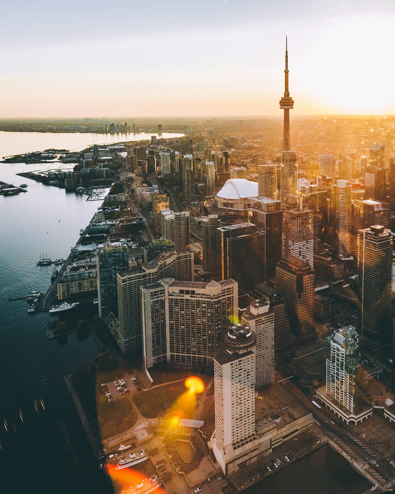 Toronto's downtown and waterfront from the air at golden hour
